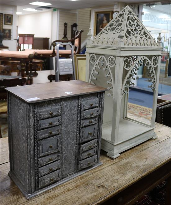 A French Trampwork painted stand and a French grey cabinet W.46cm